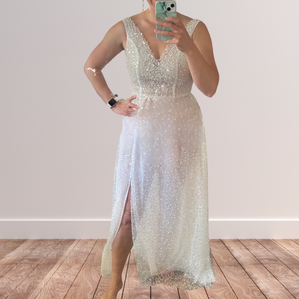Sparkly sheer deep v wedding or prom dress